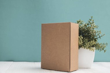 Boş paket kahverengi karton kutu veya tepsi ve küçük dekorasyon 