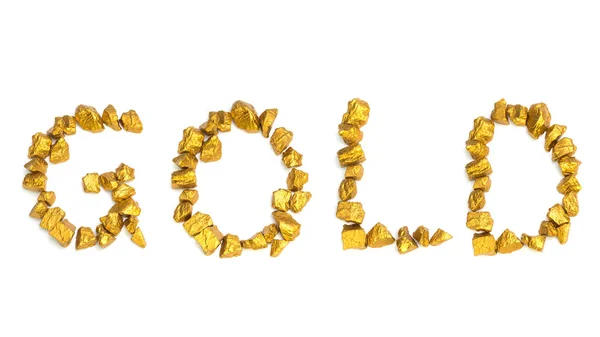 Texto de palabra ORO arreglado por pepitas de oro sobre fondo blanco, autobús — Foto de Stock