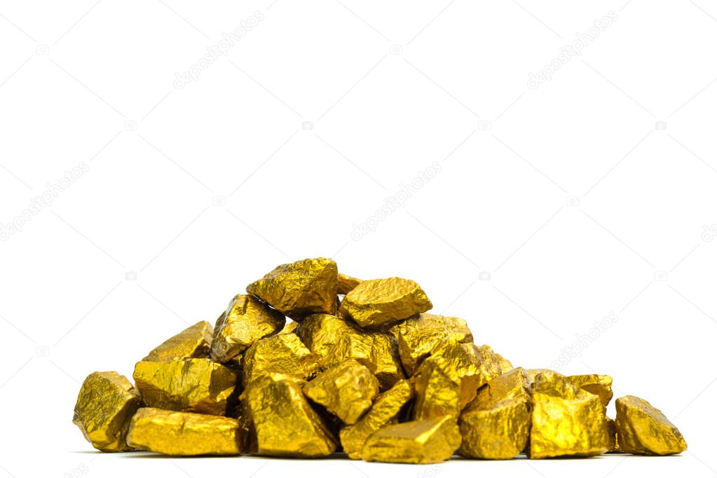 A pile of gold nuggets or gold ore on white background, precious