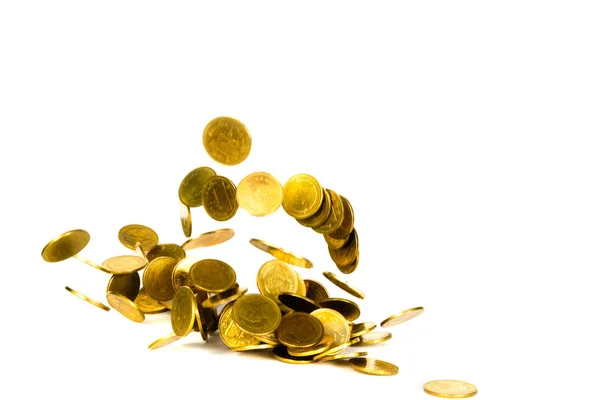 Movimento de queda de moeda de ouro, moeda voadora, dinheiro da chuva isolado — Fotografia de Stock