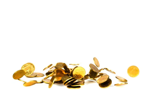 Bewegung fallender Goldmünzen, fliegender Münzen, isoliertes Regengeld — Stockfoto