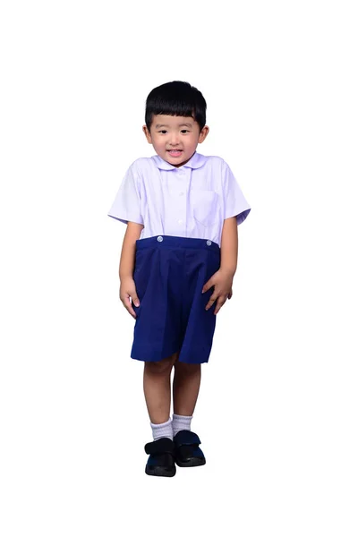 Asiático Tailandés Kindergarten Estudiante Niño Escuela Uniforme Aislado Blanco Fondo — Foto de Stock