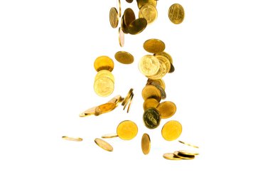 Düşme hareketi altın sikke, sikke, yağmur para izole uçan 