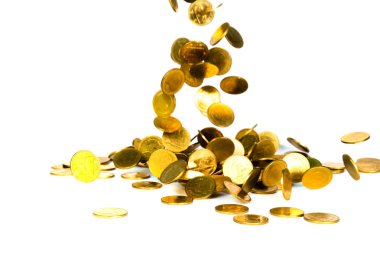 Düşen altın sikke, sikke, yağmur para üzerinde beyaz bac izole uçan