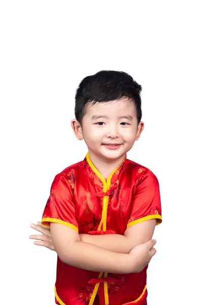 Κινέζικο νέο έτος έννοια, χαριτωμένο Ασίας αγόρι στο κόκκινο παραδοσιακών πηγούνι — Φωτογραφία Αρχείου