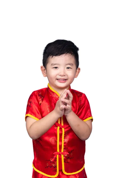 Chinesisches Neujahrskonzept, niedlicher asiatischer Junge in rotem traditionellem Kinn — Stockfoto