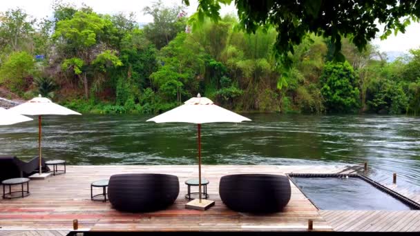 Deck Chair Daybeds Umbrellas Waterfront Raft Resort River Kwai Kanchanaburi — Stock Video