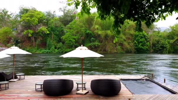 Deck Chair Daybeds Umbrellas Waterfront Raft Resort River Kwai Kanchanaburi — Stock Video