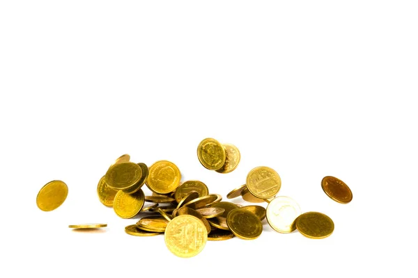 Caída de moneda de oro, moneda voladora, dinero de la lluvia aislado en bac blanco — Foto de Stock