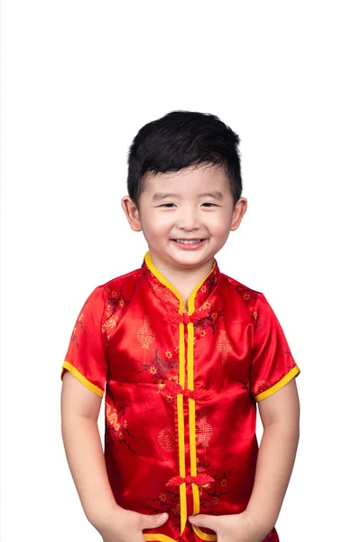 Chinesisches Neujahrskonzept, niedlicher asiatischer Junge in rotem traditionellem Kinn — Stockfoto