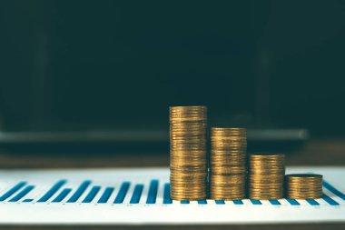 Adım para yığınları ile dizüstü dizüstü bilgisayar ve mali /