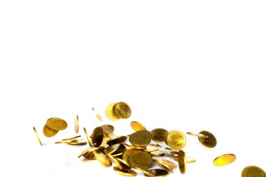 Düşen altın sikke, sikke, yağmur para üzerinde beyaz bac izole uçan