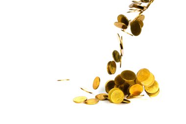 Düşme hareketi altın sikke, sikke, yağmur para izole uçan 