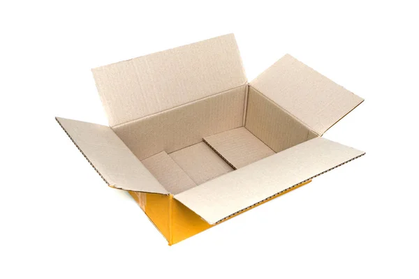 Vazio aberto velho marrom pequena caixa de papelão para simular isolado — Fotografia de Stock