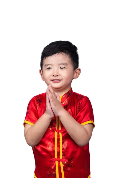 Conceito de Ano Novo Chinês, menino asiático bonito no queixo tradicional vermelho — Fotografia de Stock