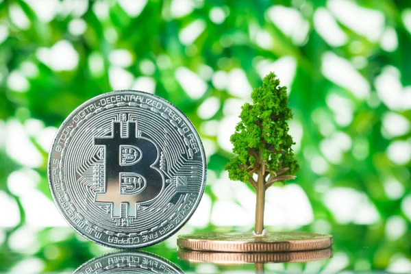 Bitcoin デジタル通貨、緑ぼかしボケ背景のビット コイン — ストック写真
