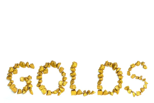 GOLDS word text arranged by gold nuggets on white background, bu