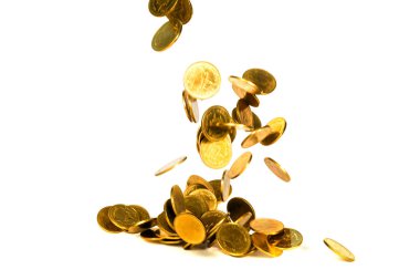 Düşme hareketi altın sikke, sikke, yağmur para izole uçan 