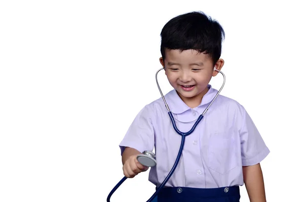 Asiática tailandesa kindergarten estudiante niño en escuela uniforme jugando yo —  Fotos de Stock