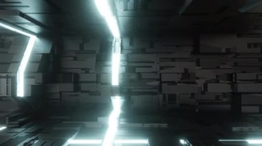 Parlayan neon ışığıyla bilim kurgu tüneline uçmak, teknoloji ve elektronik konsept için döngü hareketi grafiği, 3D görüntüleme.