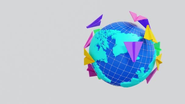 世界中の多くの紙飛行機 旅行と休暇の概念 または世界的な接続 3Dレンダリング 映像ループ — ストック動画