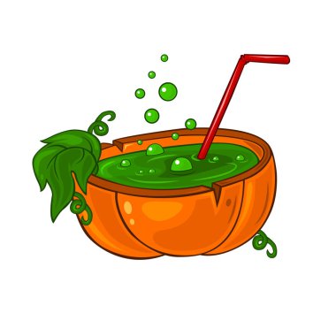 Balkabağında yeşil sihirli kokteyl olan cadılar bayramı çizimi. Tasarımınız için harika grafik ögesi