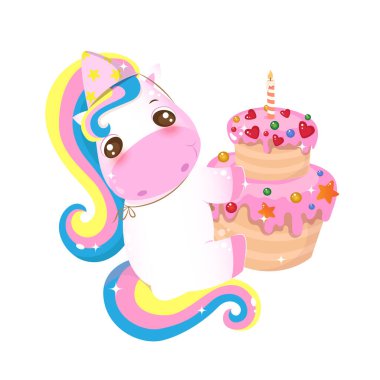 Doğum günü pastalı tek boynuzlu at. Sihir yaratımı. Peri masalı. Doğum günü kutlaması. Gökkuşağı. Tek boynuzlu at çizgi filmi. Mutlu yıllar sana. Poster ya da davetiye.