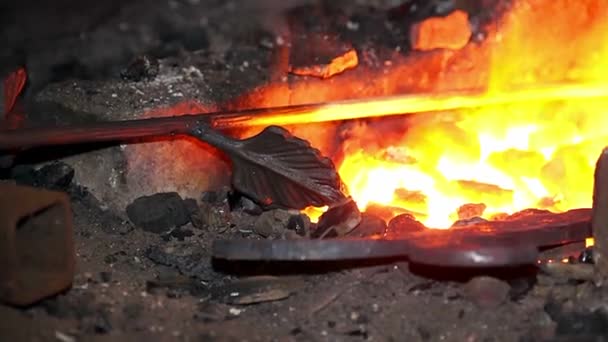 Ferreiro Forjando Ferro Quente Vermelho Bigorna Forjando Metal Quente Ferreiro — Vídeo de Stock