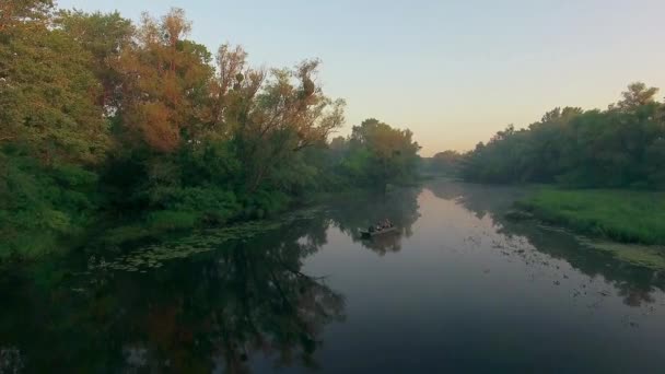 Fly Motorboat Sunrise Aerial View River Sunrise River Morning Mist — Stock Video