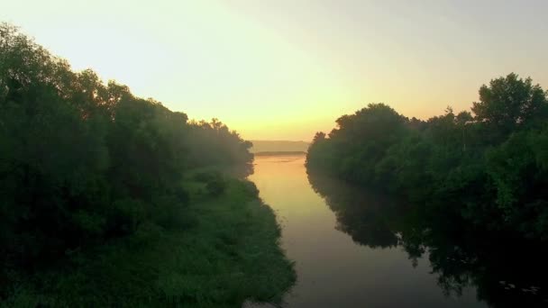 Luftaufnahme Des Flusses Bei Sonnenaufgang Überflug Des Morgennebels Auf Dem — Stockvideo