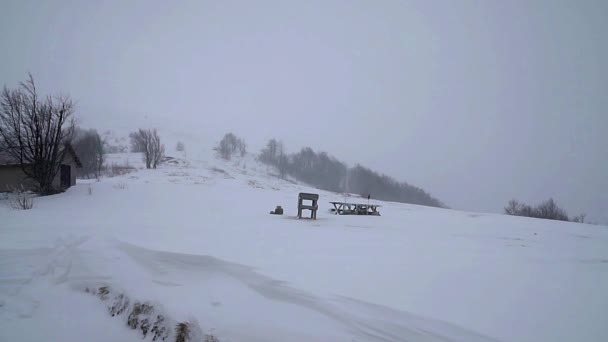Sneeuwstorm Heuvels Van Winter Sneeuwstorm Bergen Winter Gras Berghelling Sneeuwstorm — Stockvideo