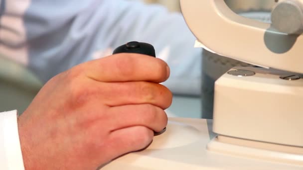 Eye Examination Test Professional Medical Equipment Screen Doctor Adjusts Medical — Stock Video