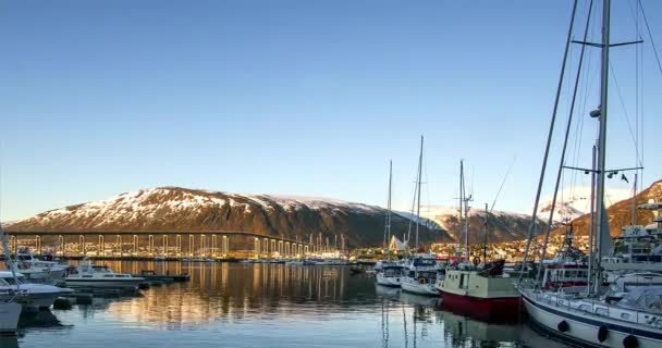 Yachterna Hamnen Lofoten Öarna Yachter Kajen Tromsö Tidsfördröjning Visa Marina — Stockvideo