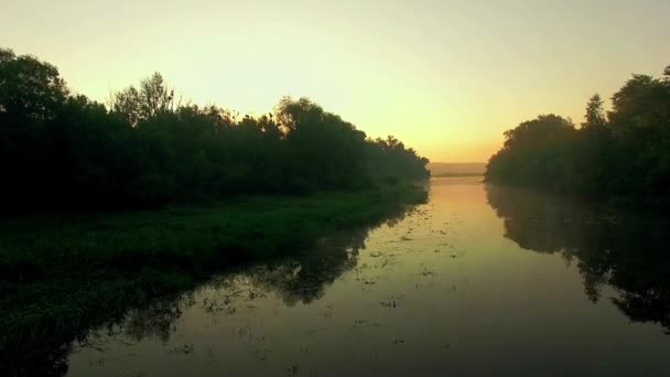 Vista Aérea Del Río Amanecer Volar Sobre Niebla Mañana Río — Vídeos de Stock