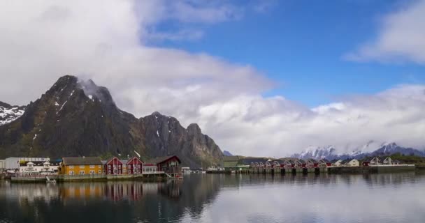 Vädret Lofoten Timelapse Svolvaer Norska Staden Tidsfördröjning Fiske Hyddor Står — Stockvideo