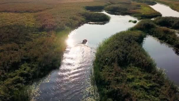 Luftaufnahme Von Menschen Einem Motorboot Auf Einem Kleinen Fluss Luftaufnahme — Stockvideo