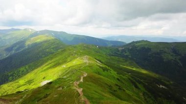 Dağ manzara havadan görünümü, Karpatlar yol ile yeşil çayır üzerinde Drone hava uçuş, Karpatlar sırtın üst kısmında yol, güneşli yaz sabahı kırsal dağ yolu ve çayır