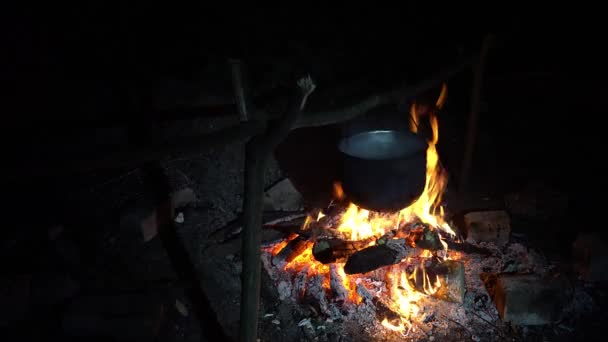 Wasser Kocht Einem Topf Auf Dem Feuer Der Nacht Kocht — Stockvideo