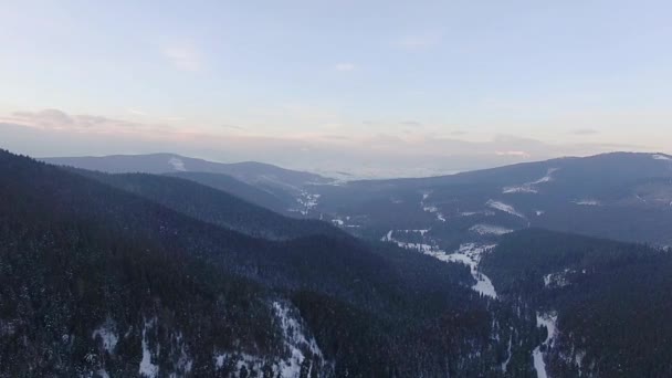 Luftaufnahme Der Winterberge Winterlandschaft Luftaufnahme Der Schneebedeckten Berge Winteraufnahme Der — Stockvideo