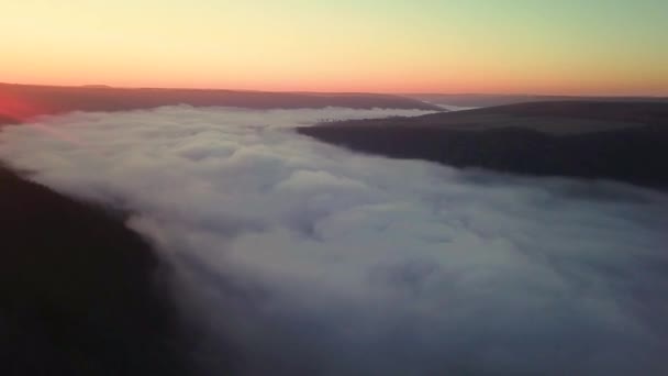 川の上の雲を通る飛行 日の出時の川の上の霧の航空写真 川の上空の濃い霧 ドニエスターの上の霧 朝霧の川 日の出時の霧 — ストック動画