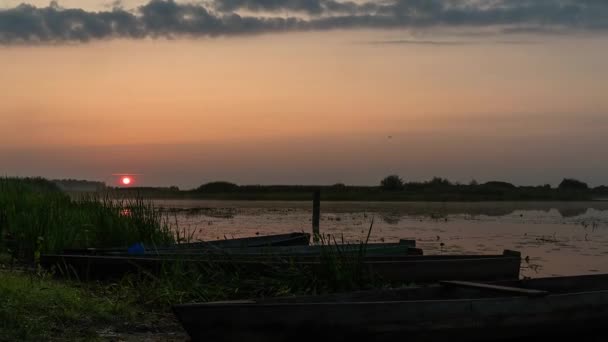 Staré Čluny Ranní Mlze Při Východu Slunce Oranžové Slunce Nad — Stock video