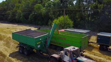 buğday tarlasında tarım makinelerinin havadan görünümü, kırsal kesimde tarım makineleri ile tarım sahnesi, tarlada birleşerek hasat makinesi ve traktör ve römork üzerinde uçan havadan görünüm