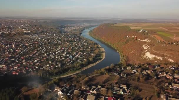 Aerial View River City Aerial View Zalishchyky City Aerial Footage — Stock Video