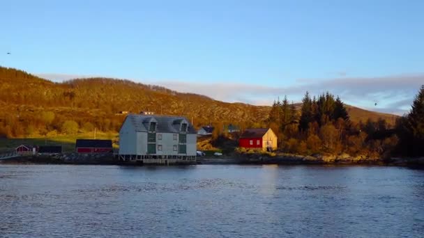 Huizen Meeuwen Bij Zonsondergang Aan Nowegian Kust Lofoten Eilanden Zonsondergang — Stockvideo