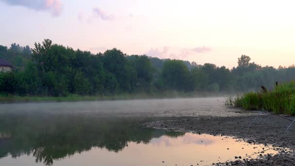 Fishermens River Dawn Morning Fishing Fog Dawn Lake Aerial Morning — Stock Video
