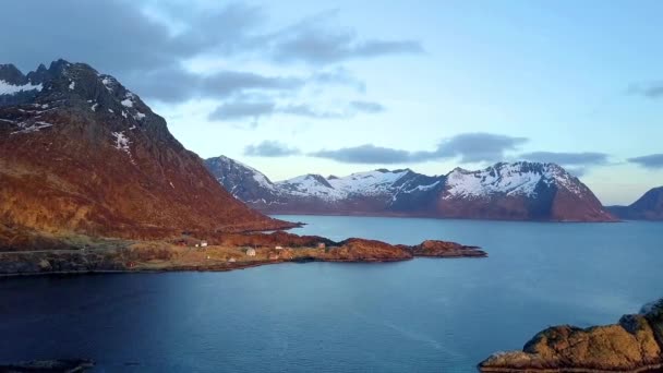 Aerial View Small Village Lofoten Islands Sunrise Flight Houses Sunset — Stock Video