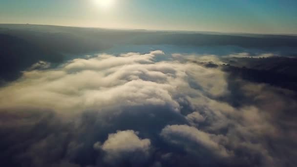 日の出 川の空撮上空を飛ぶ朝の霧 川に非常に神秘的な川 川空中上に太陽の日の出の空撮 日の出川の高いビュー — ストック動画