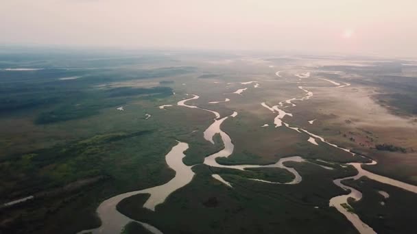 Αεροφωτογραφία Του Ανατολή Του Ηλίου Πάνω Από Λιβάδια Πλημμύρας Εναέρια — Αρχείο Βίντεο
