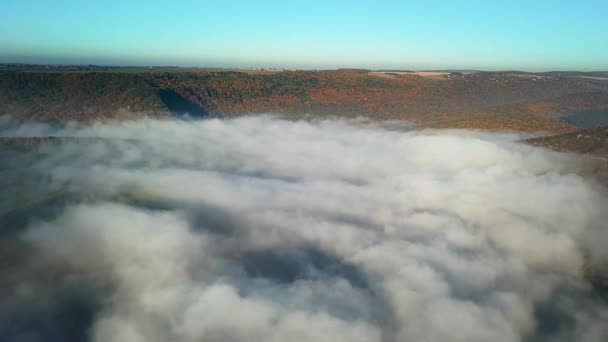 Luftaufnahme Von Nebel Über Dem Fluss Bei Sonnenaufgang Dichter Nebel — Stockvideo