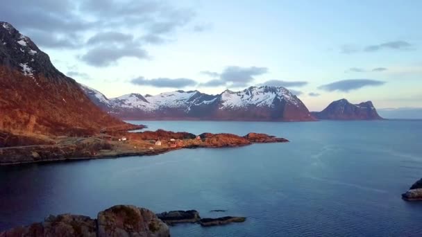 Lofoten Adalarında Gündoğumu Aeril Görünümü Lofoten Adaları Hava Görünümünde Şafak — Stok video